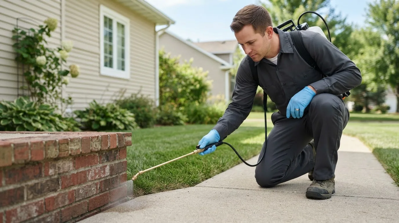 Pest control technician treating a home near Primghar, IA