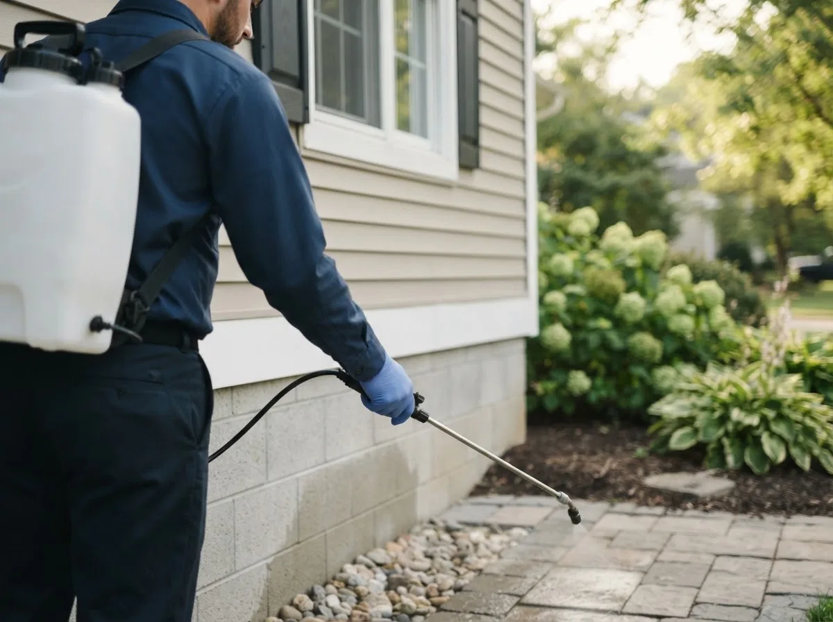 Pest control technician inspecting a home in Primghar, IA